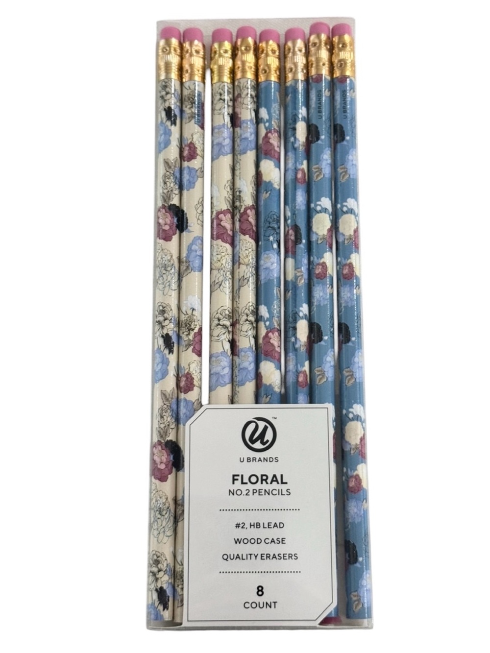 U Brands Floral No. 2 HB Lead Pencils with Erasers 8 Count